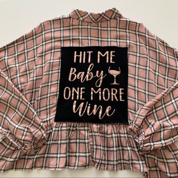 Via Penny Lane Reworked Apparel Hit Me Baby One More Wine Button Up Plaid Shirt - Picture 2 of 9